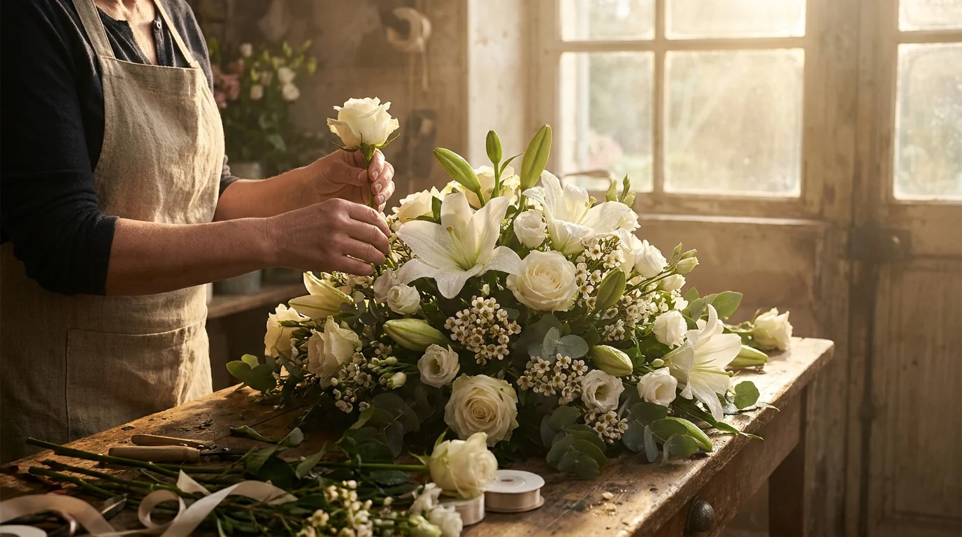 Fleurs blanches fraîches composition funéraire artisan fleuriste