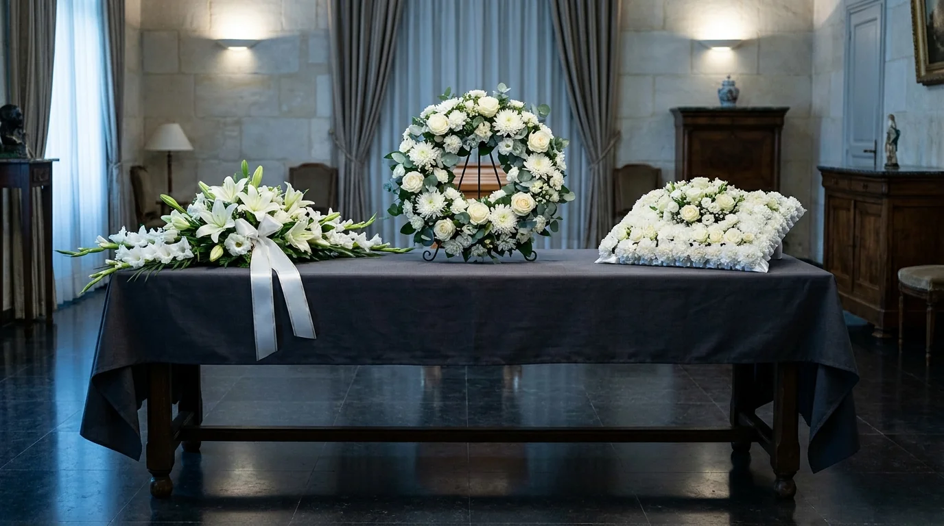 Gerbe couronne coussin fleurs blanches format obsèques