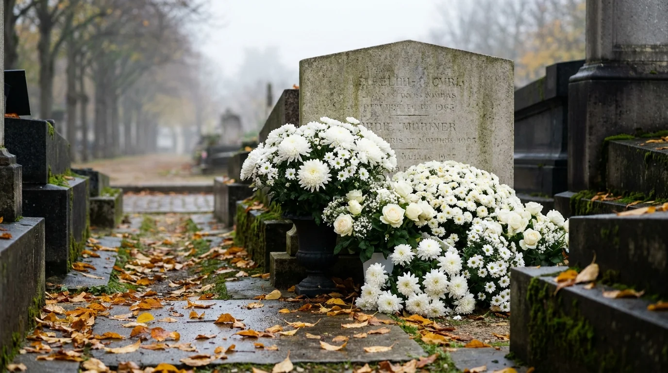 Tombe cimetière fleurs blanches chrysanthèmes souvenir France